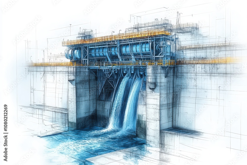 This detailed sketch illustrates the engineering design of a hydroelectric dam, showcasing water flow, structural components, and operational features crucial for energy production.