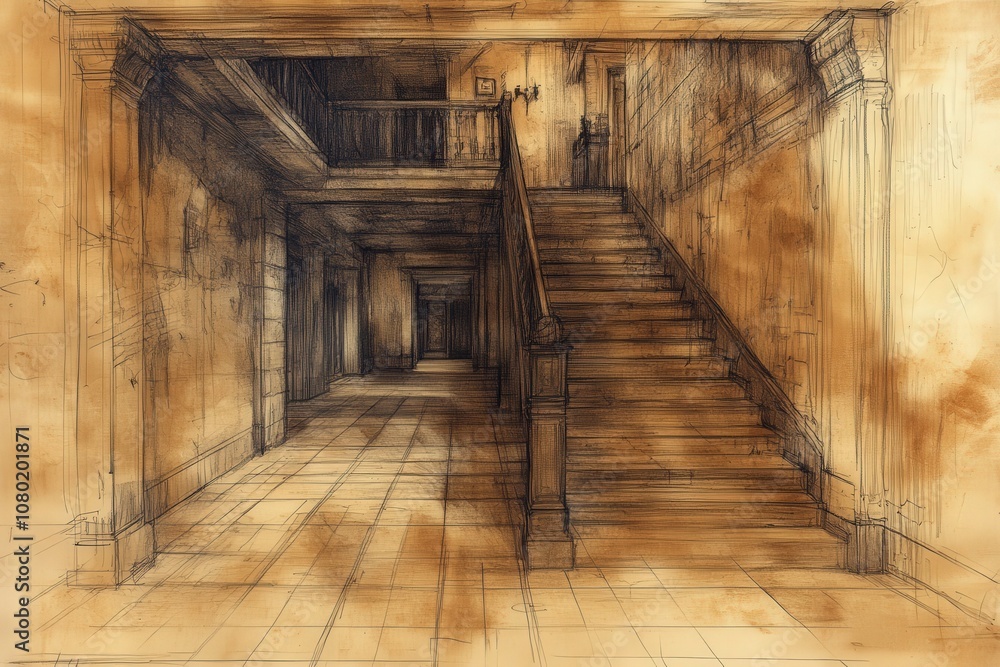 This detailed sketch illustrates the layout of a basement area, featuring a staircase and adjacent corridors. Architectural elements and spatial arrangements are meticulously outlined.