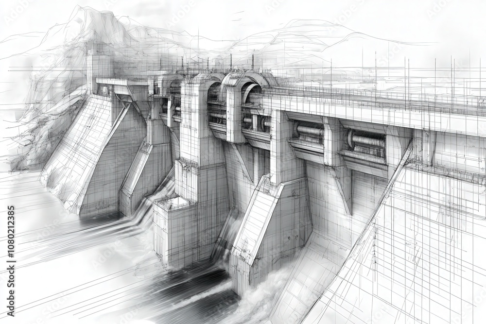This detailed technical sketch displays a hydroelectric dam, highlighting its structural components, water flow mechanisms, and design intricacies common in modern energy infrastructure.