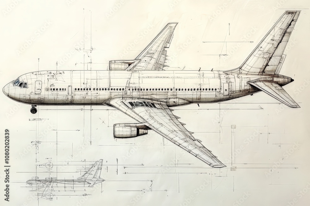 This detailed technical sketch illustrates a commercial aircraft with precise measurements and design elements. It highlights the structure and engineering of the plane.