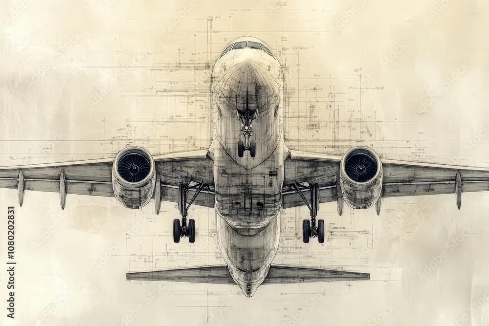 This detailed technical sketch illustrates a commercial airplane from a top-down view, emphasizing engineering design and mechanical features alongside schematic elements.