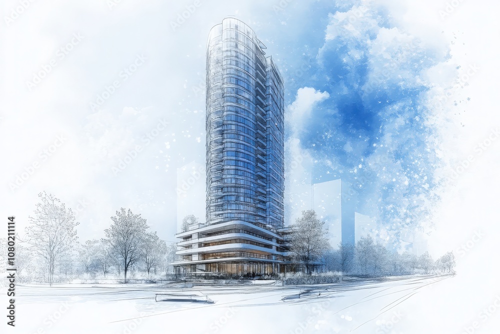 This detailed technical sketch illustrates a contemporary high-rise building design surrounded by a winter landscape, featuring sleek lines and large glass windows.