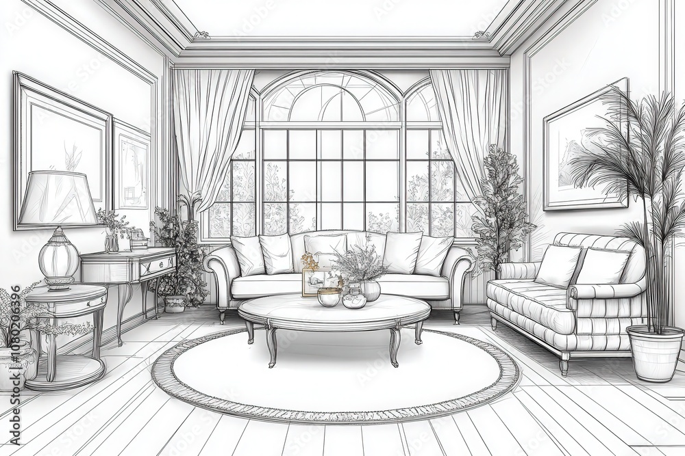 This detailed technical sketch illustrates a contemporary living room featuring spacious windows, stylish sofas, and decorative plants, showcasing a thoughtful layout and design.