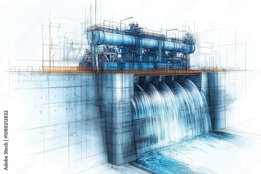 This detailed technical sketch illustrates a hydroelectric dam, emphasizing its structure, water flow dynamics, and engineering components, providing insights into its design and functionality.