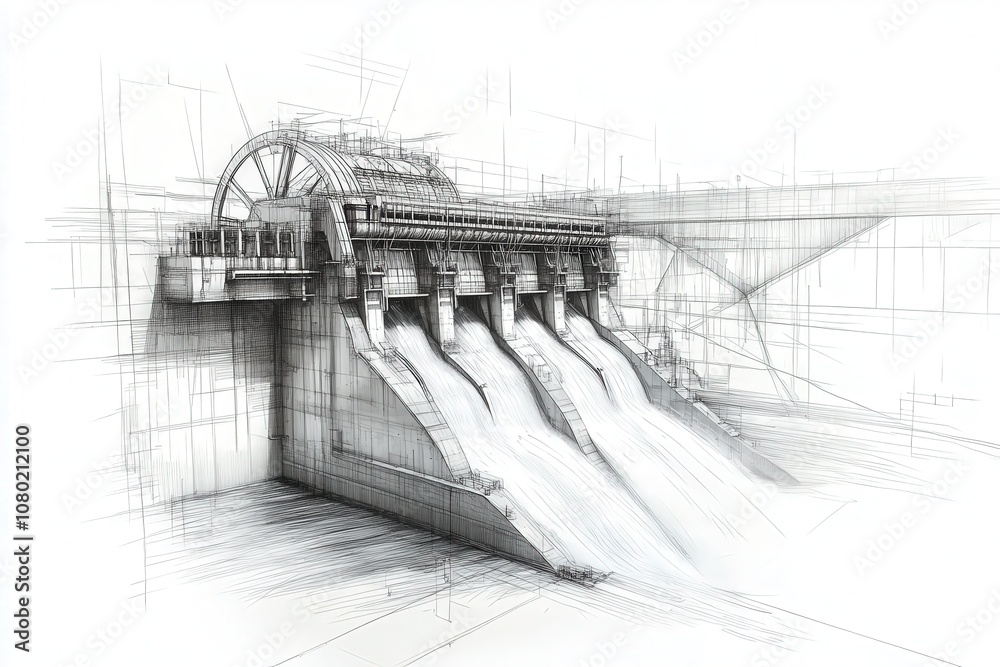 This detailed technical sketch illustrates a hydroelectric dam, focusing on its structural design and water flow system. The drawing highlights key engineering elements for energy generation.