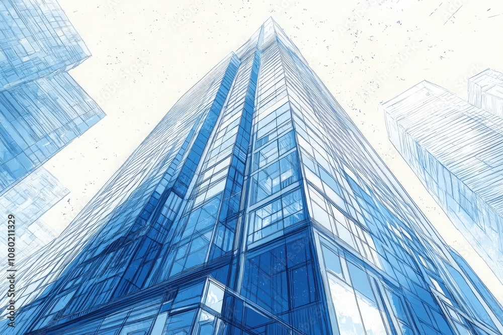 This detailed technical sketch illustrates a modern high-rise building in an urban setting, highlighting its design features and structures.