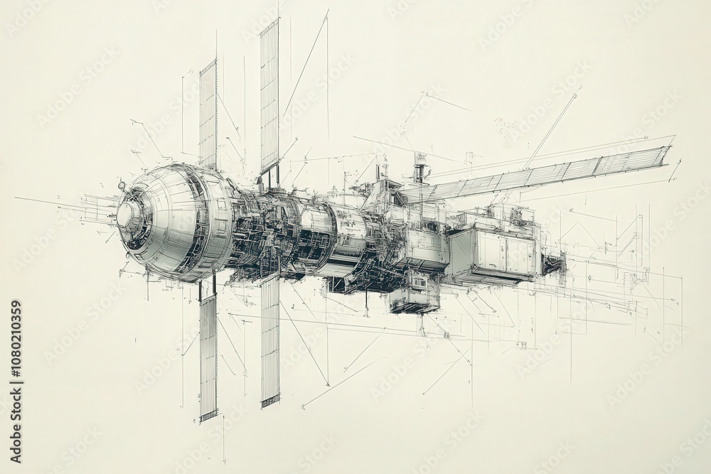 This detailed technical sketch illustrates the complex design of a satellite focused on communication technologies. The drawing emphasizes intricate components and structural elements.
