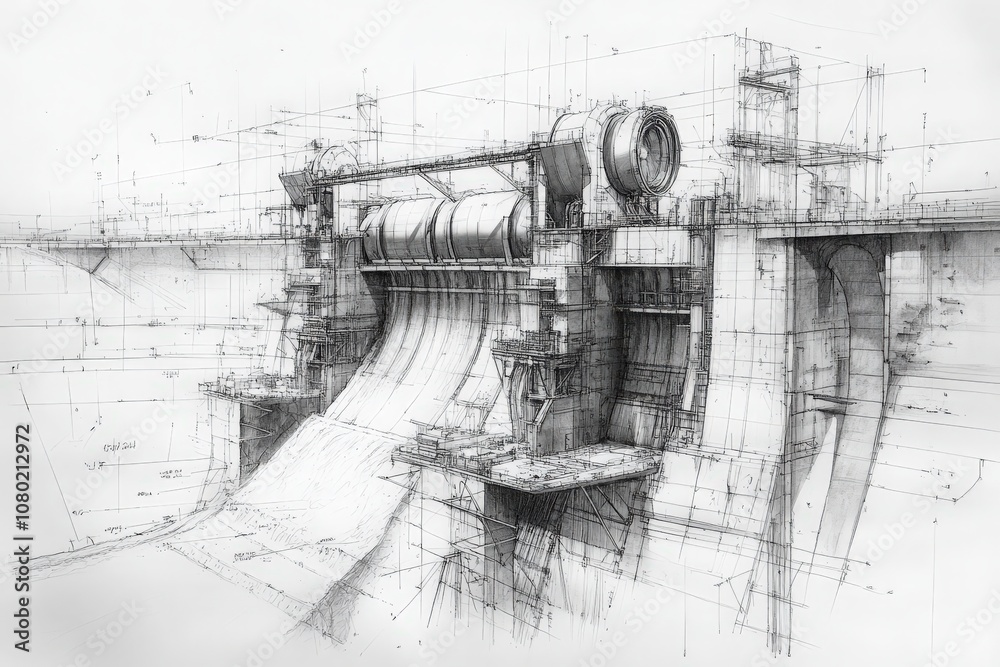 This detailed technical sketch illustrates the design of a hydroelectric dam, showcasing its engineering elements, structural framework, and water flow dynamics in a conceptual diagram.