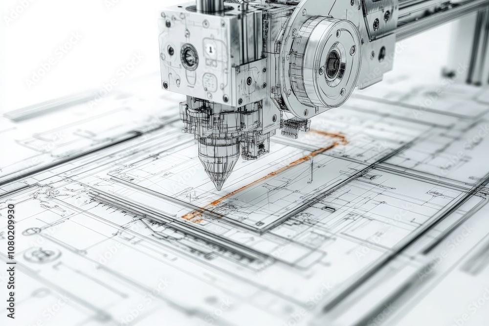 This detailed technical sketch illustrates the design of a printer, highlighting its components and mechanics. The drawing emphasizes precision and engineering in its construction and functionality.