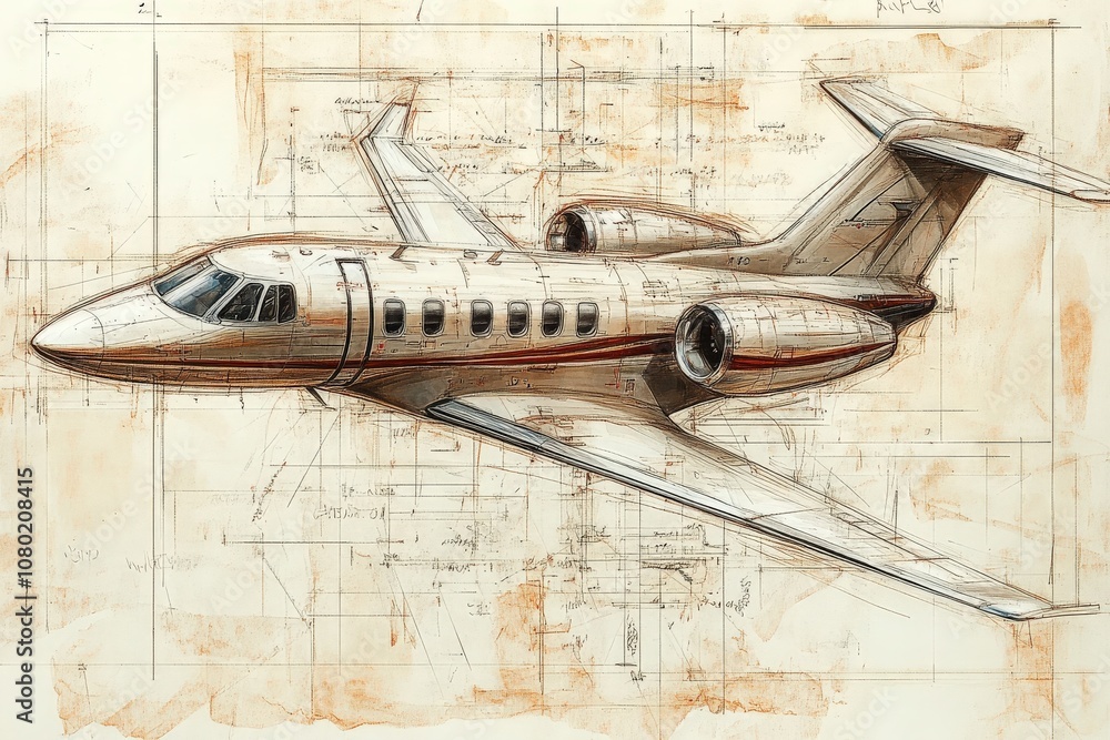 This detailed technical sketch illustrates the design of a private jet, highlighting its aerodynamics and engineering elements.