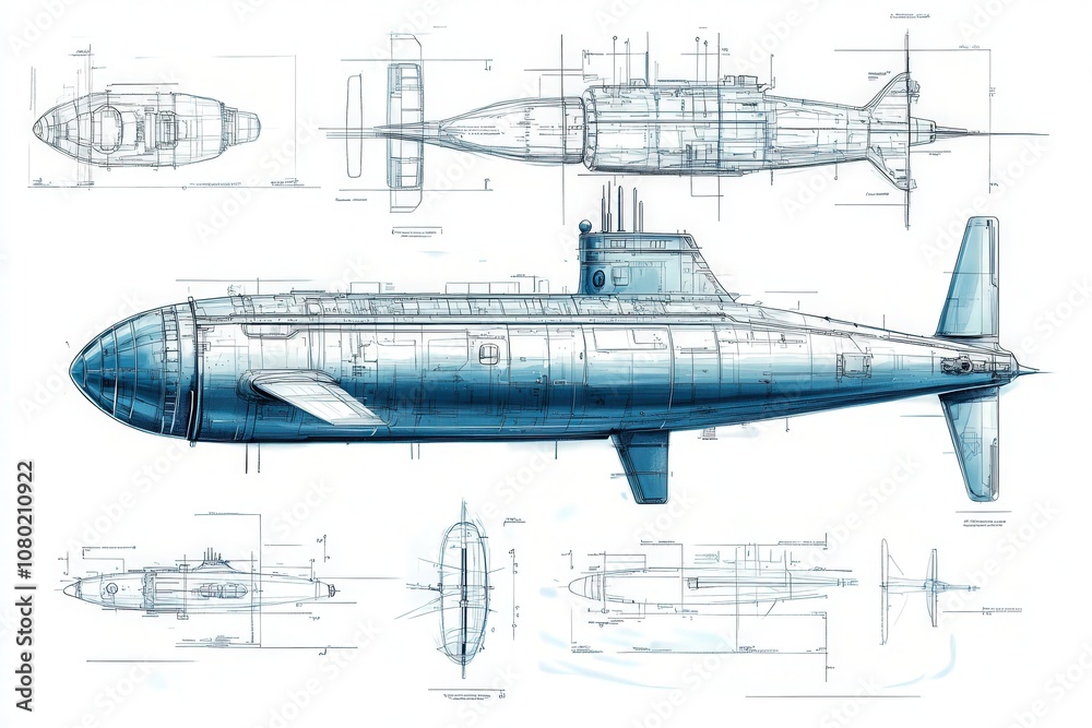 This detailed technical sketch outlines the design of a deep-sea submarine, featuring side, top, and front views along with various measurement annotations.