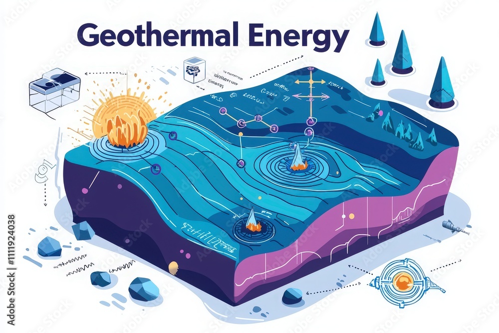 This diagram illustrates the concept of geothermal energy, highlighting the earths layers, hot springs, and energy extraction methods.