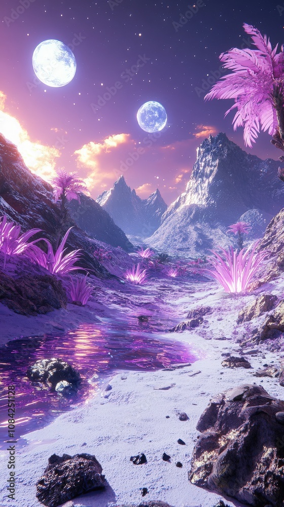 This distant planet showcases stunning alien vegetation with striking purple hues, surrounded by majestic mountains. Two moons illuminate the tranquil river reflecting their glow at twilight.