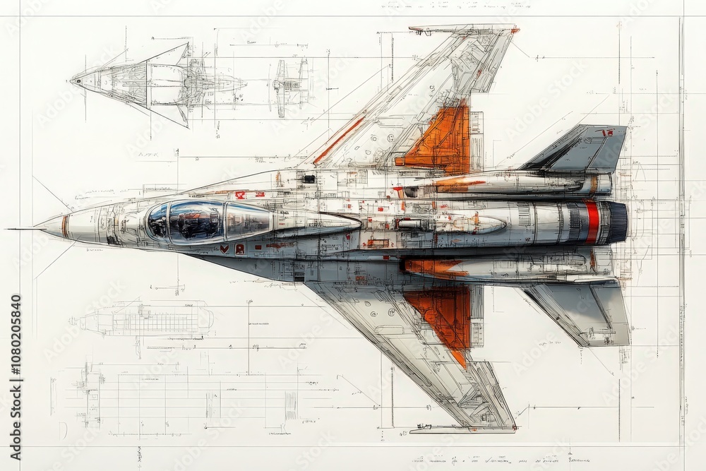 This drawing illustrates a meticulously detailed technical sketch of a jet fighter, showcasing its design specifications, dimensions, and critical components. The layout emphasizes precision.