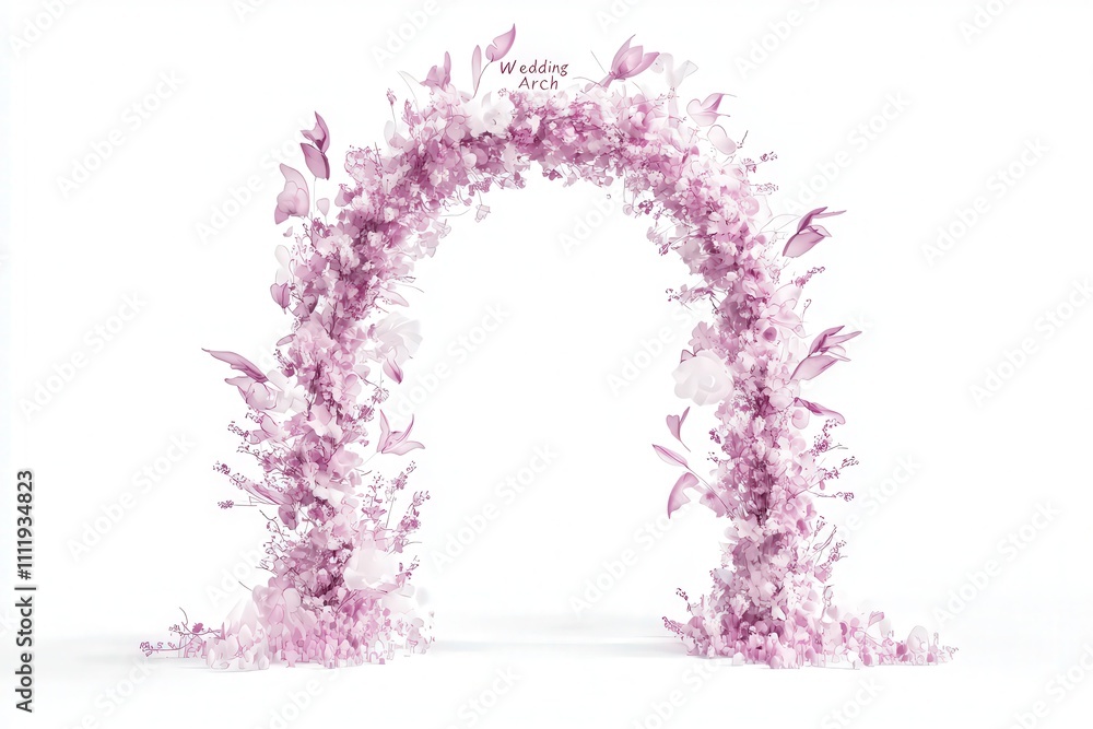 This elegant wedding arch is adorned with a variety of purple and white flowers, creating a stunning focal point for outdoor ceremonies. The floral arrangement enhances the festive atmosphere.