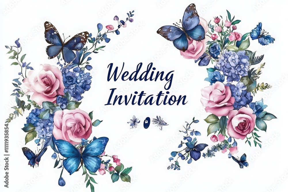 This elegant wedding invitation features vibrant blue butterflies and soft pink roses surrounded by delicate flowers. Its colorful floral arrangement creates a romantic atmosphere for a special event.