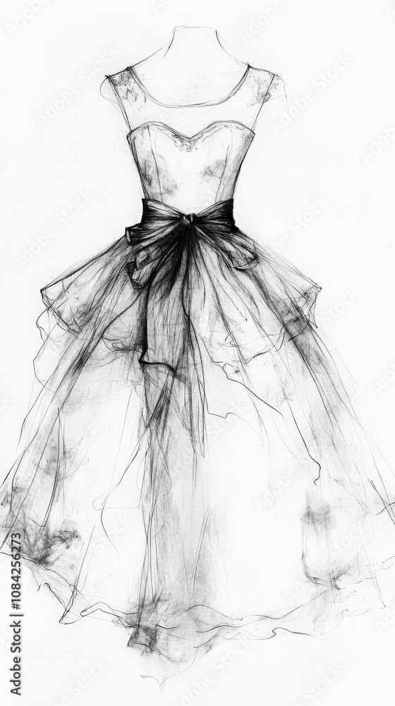 This exquisite sketch captures a vintage haute couture dress, featuring a flowing silhouette and delicate details. The design showcases a timeless elegance, perfect for a glamorous event.