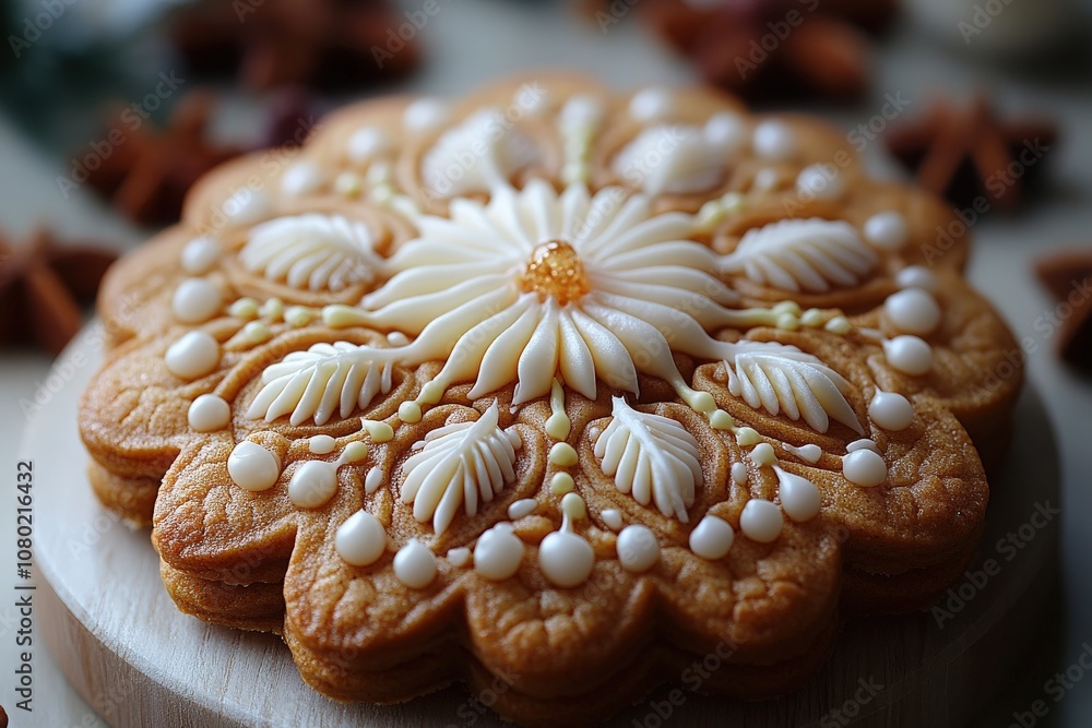 This festive gingerbread cookie features an intricate design with icing details, set on a wooden board. Surrounding spices add to the holiday charm, creating a warm, festive atmosphere.