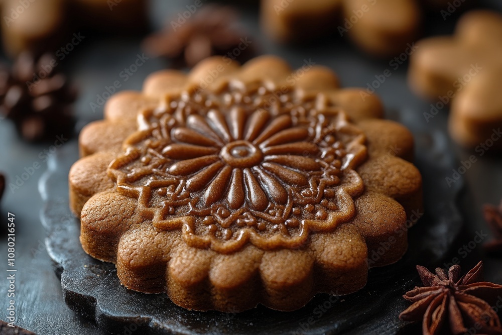 This festive gingerbread cookie features intricate designs and is placed on a dark surface next to aromatic spices. The rich brown tones enhance the holiday spirit, inviting a warm atmosphere.