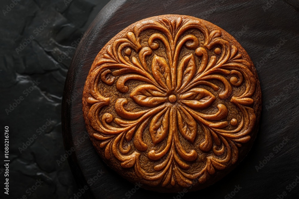 This festive gingerbread cookie features intricate floral designs made from dough, showcasing an artisan touch perfect for the holiday season. The dark wooden surface enhances its warm tones.