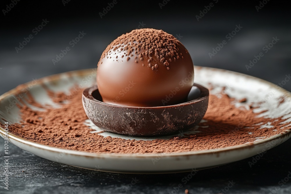 This gourmet chocolate dessert is showcased from above, resting on an elegant plate with a dusting of cocoa powder. The smooth, round chocolate is highlighted beautifully by its surroundings.