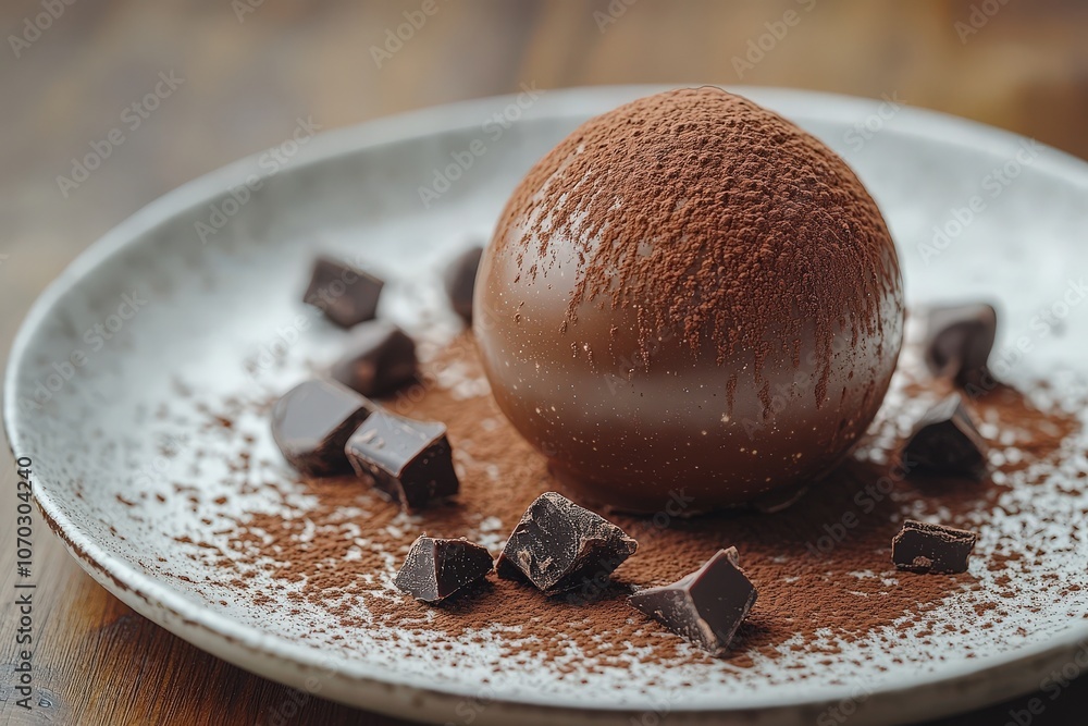 This gourmet chocolate showcases a spherical design dusted with cocoa powder, surrounded by chocolate chunks, creating an enticing dessert presentation perfect for any sweet lover.