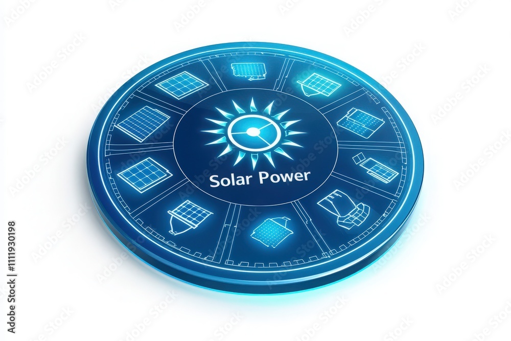 This graphic highlights different solar power concepts, including solar panels and energy storage solutions, emphasizing renewable energy technology and sustainability.