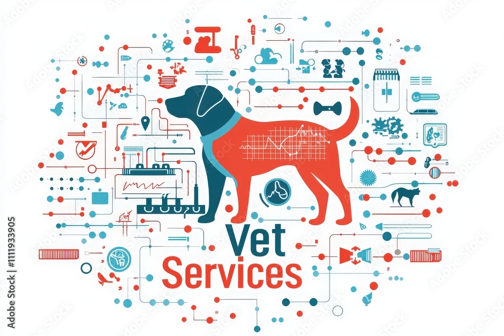 This graphic illustrates a dog surrounded by icons representing veterinary services, pet care, and health technology, reflecting modern animal healthcare and expertise.