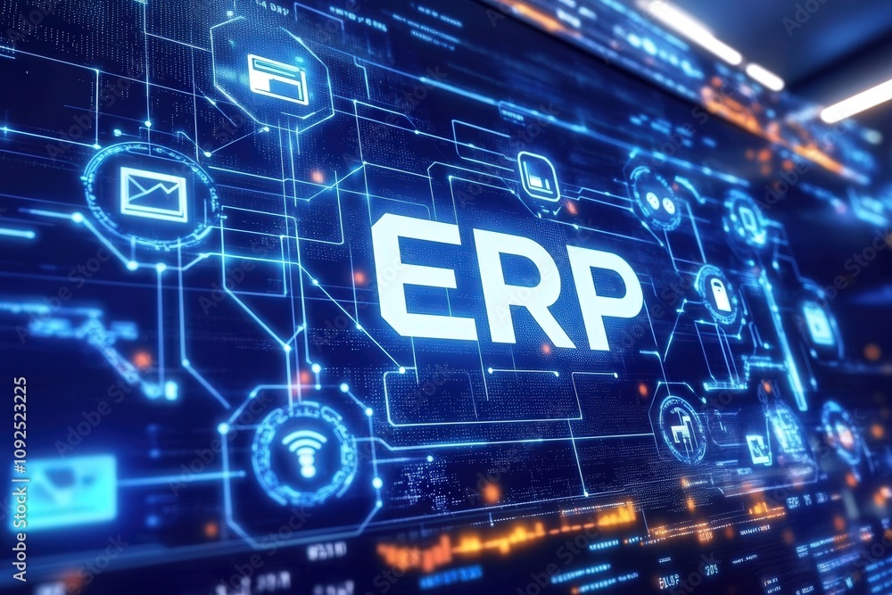 This graphic illustrates an ERP system, highlighting the interconnected digital components and data flow that enhance organizational efficiency through technology, data analysis, and connectivity.
