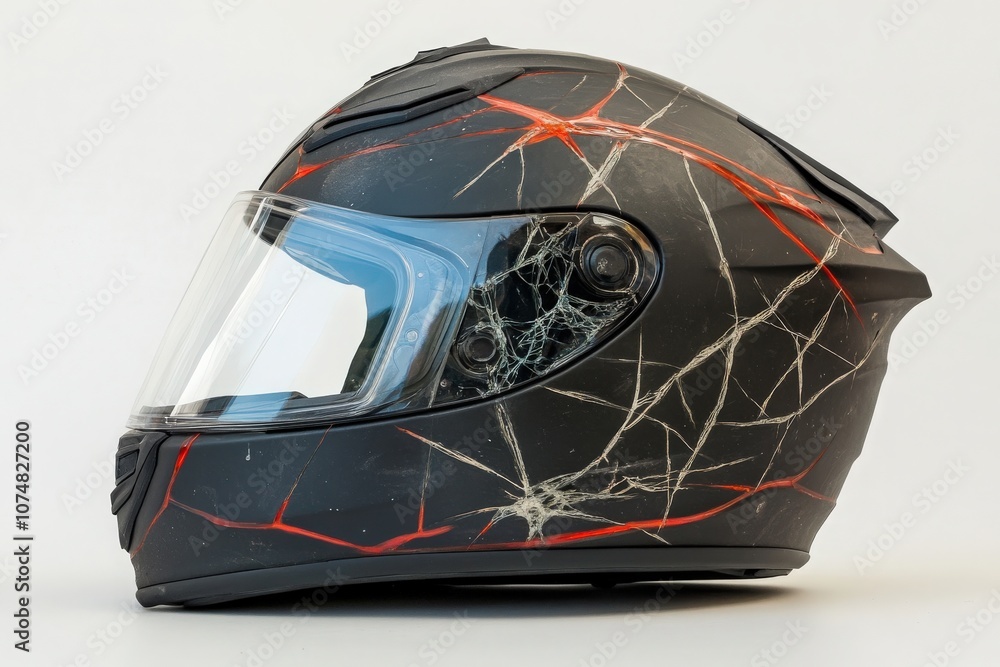 This motorcycle helmet is prominently displayed, featuring notable cracks and damage. The design showcases a striking pattern, indicating previous impact and wear.