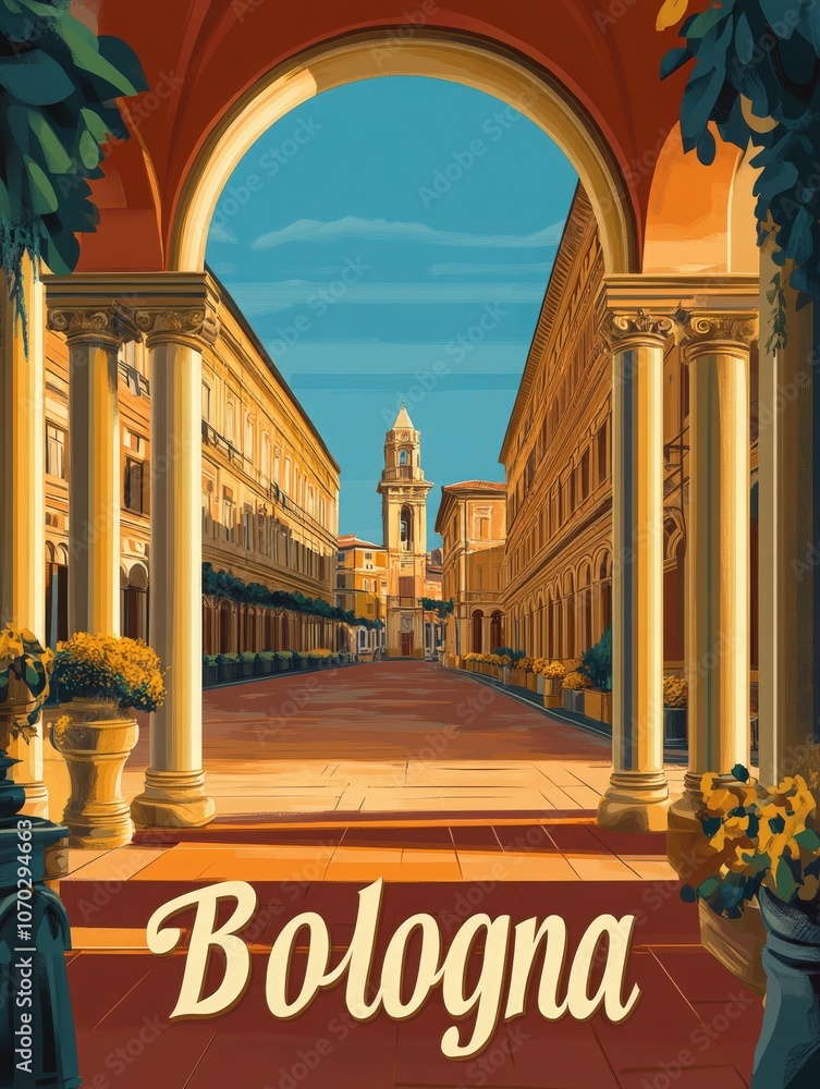 This retro travel poster captures a charming view of Bologna, showcasing its stunning architecture and historic charm. The inviting archway frames a picturesque street scene under a clear blue sky.