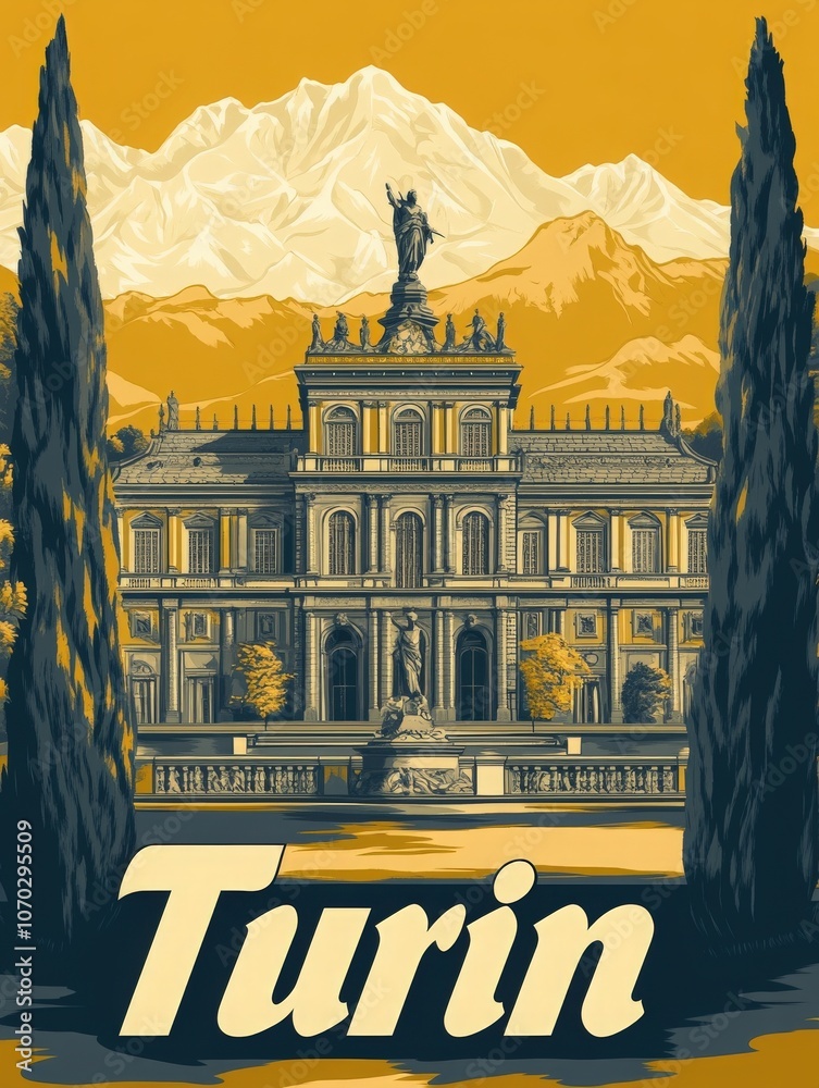 This retro travel poster captures the stunning architecture of Turin, framed by majestic mountains, inviting travelers to explore its rich history and vibrant culture.