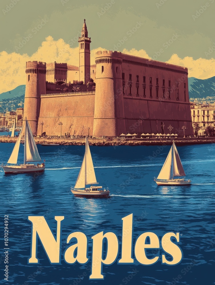 This retro travel poster features the stunning bay of Naples, with sailing boats in the foreground and a historic castle, inviting travelers to explore this enchanting destination.