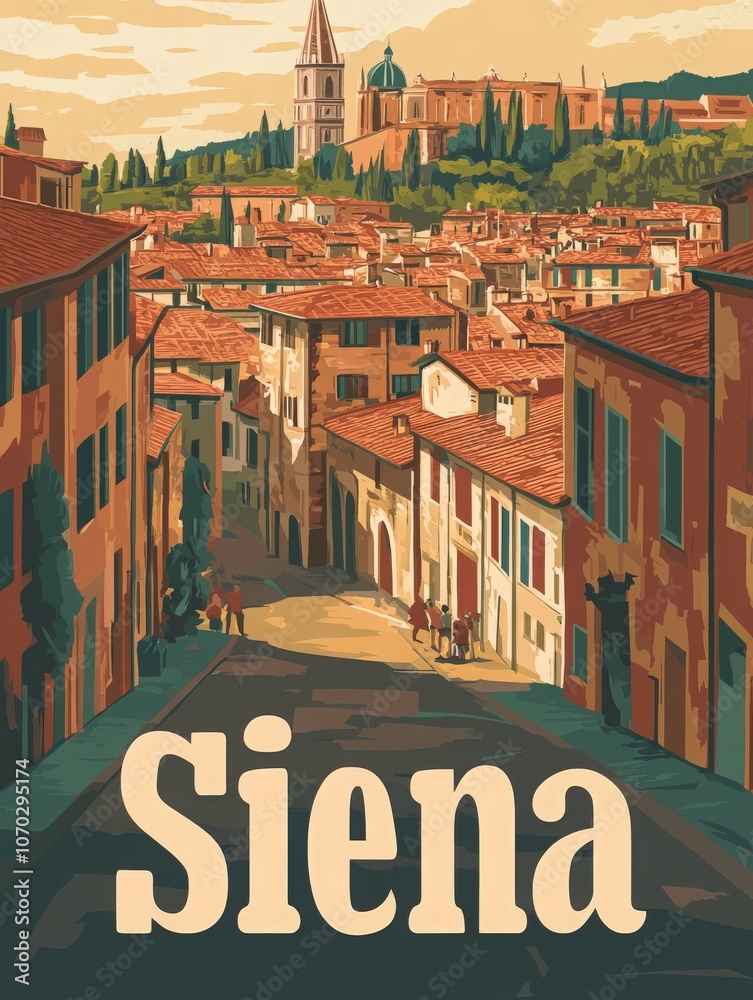 This retro travel poster invites viewers to discover the picturesque streets of Siena, lined with charming architecture and historic landmarks, capturing the essence of this beautiful Italian city.