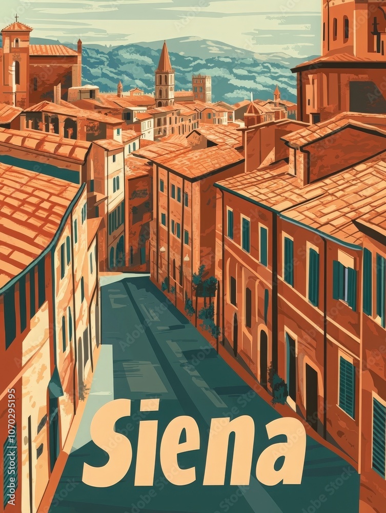 This retro travel poster invites you to discover Sienas charming streets, showcasing its unique architecture and vibrant colors, set against a picturesque background of rolling hills.