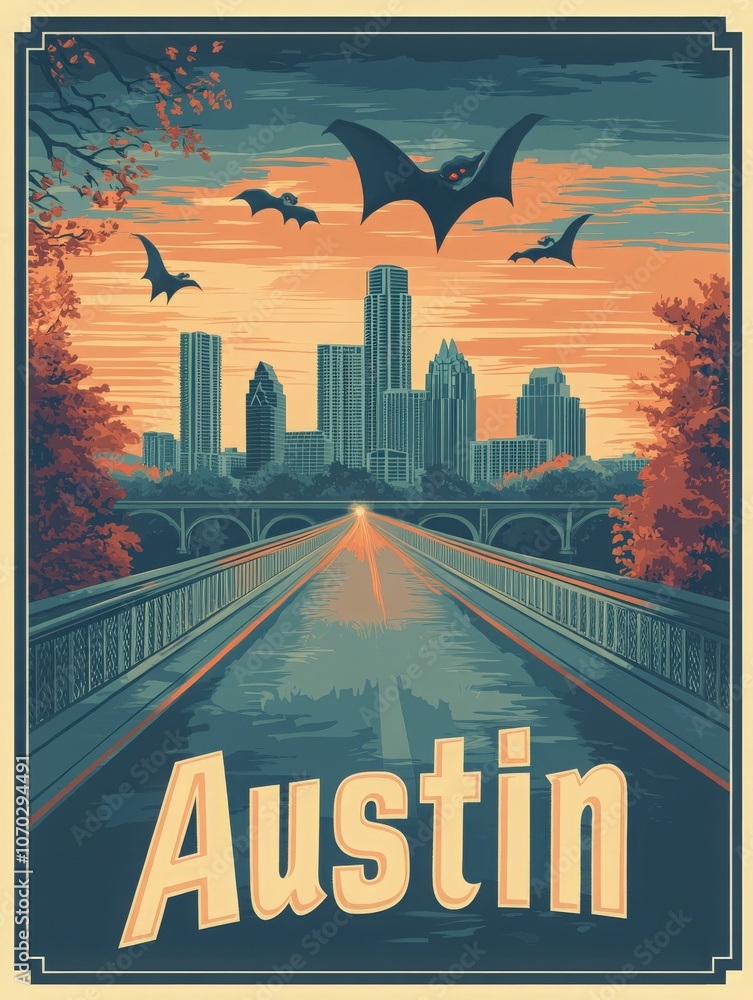 This retro travel poster showcases Austins stunning skyline at sunset, with iconic bats soaring above a scenic bridge, inviting visitors to experience the citys dynamic atmosphere.