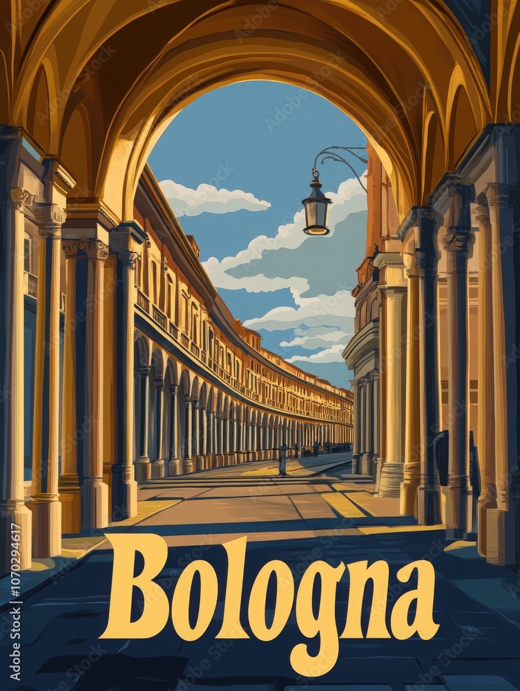 This retro travel poster showcases Bolognas iconic porticoes under a beautiful sky. The stunning architecture invites visitors to enjoy leisurely strolls through this historic Italian city.