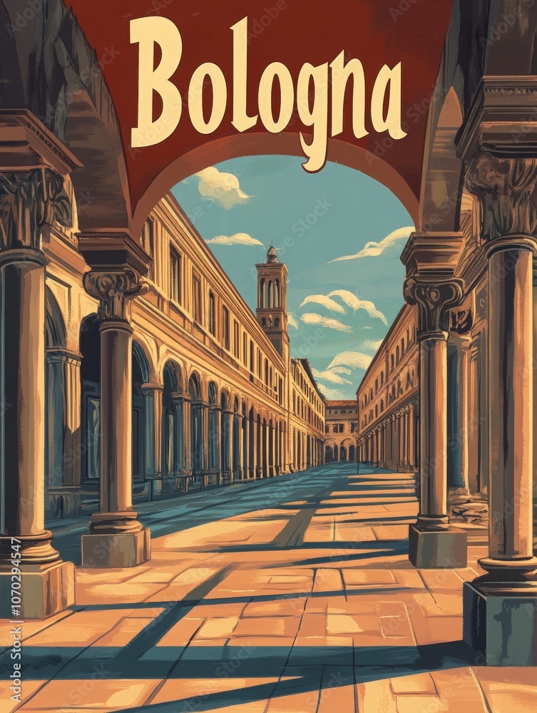 This retro travel poster showcases the beautiful arcades of Bologna, highlighting the citys stunning architecture bathed in soft sunlight. A perfect representation of classic Italian charm.