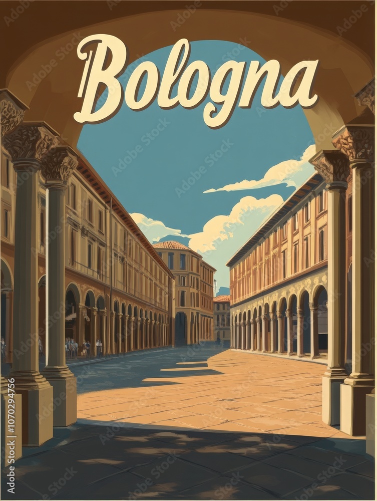 This retro travel poster showcases the enchanting streets of Bologna, featuring elegant architecture, inviting arcades, and a sky filled with soft, fluffy clouds.