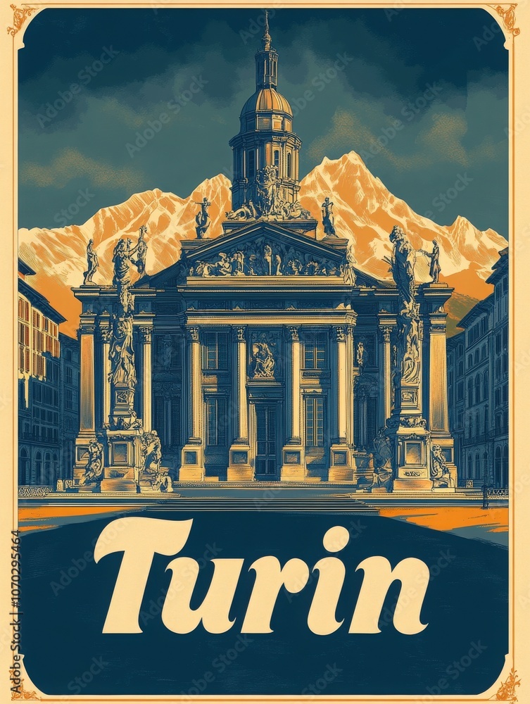This retro travel poster showcases the magnificent architecture of Turin, featuring prominent landmarks against a backdrop of snow-capped mountains. A vibrant reminder of the citys charm.