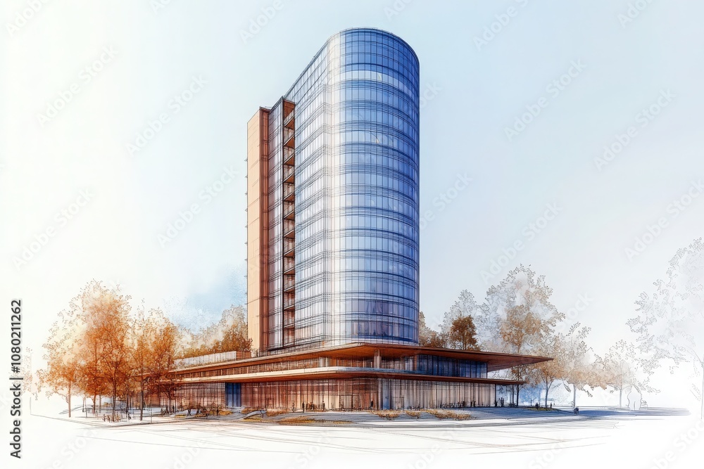 This sketch depicts a modern high-rise with large glass panels and a unique curved facade, set amid trees and green space, showcasing architectural innovation.