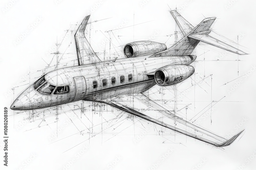 This sketch showcases a detailed technical drawing of a private jet, illustrating its design features, dimensions, and structural elements in precise lines and annotations.