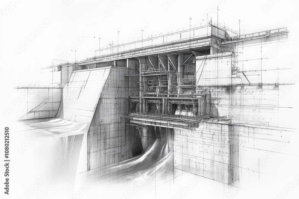 This sketch showcases a hydroelectric dams complex design, highlighting its structure, water flow systems, and engineering features for efficient energy generation.