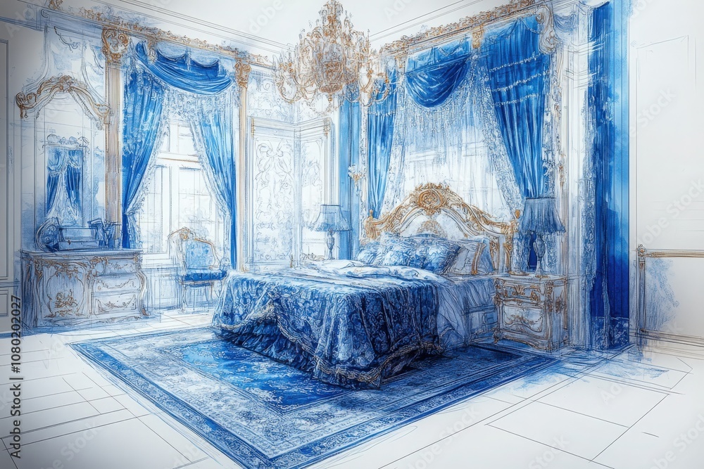 This sketch shows a luxurious bedroom with rich blue drapes, ornate furnishings, and a grand chandelier, showcasing an elegant design ideal for upscale interiors.
