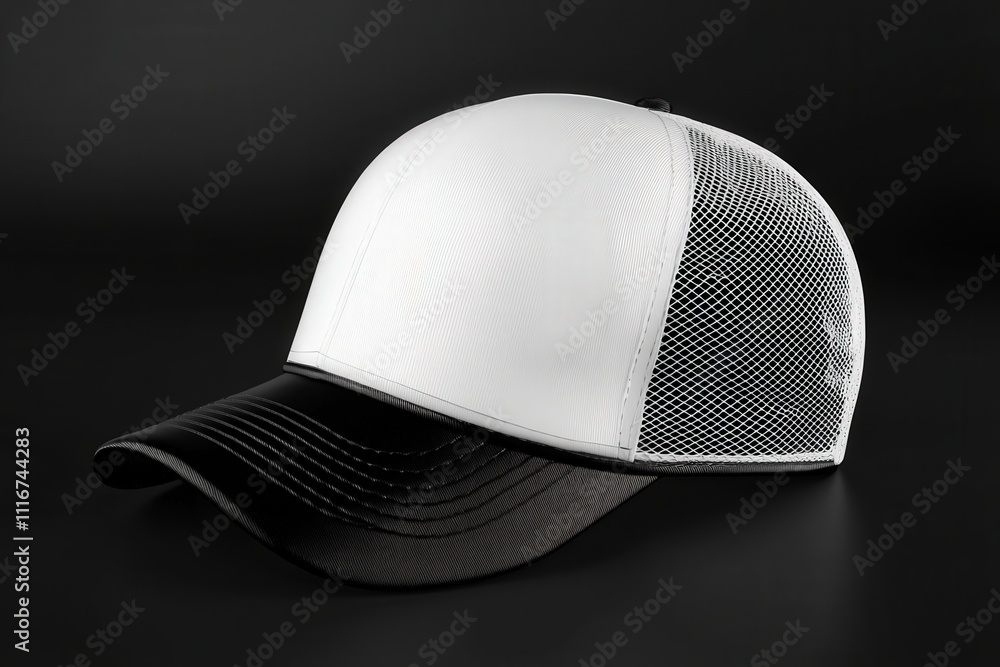 This sleek trucker cap features a white front and black brim, complemented by breathable mesh panels. Its modern design is perfect for casual outings or outdoor activities.
