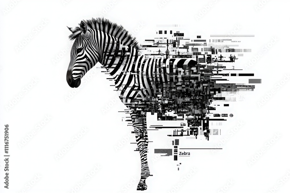 This striking artwork showcases a zebra partially dissolving into abstract digital shapes. The design blends natural beauty with modern artistic techniques, creating a captivating visual experience.