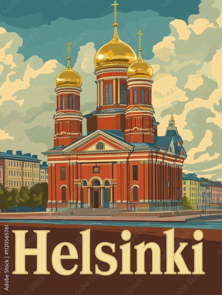 This striking building showcases elaborate architecture with golden domes and rich red walls under a bright blue sky. Its a prominent landmark in Helsinki, exuding cultural significance.