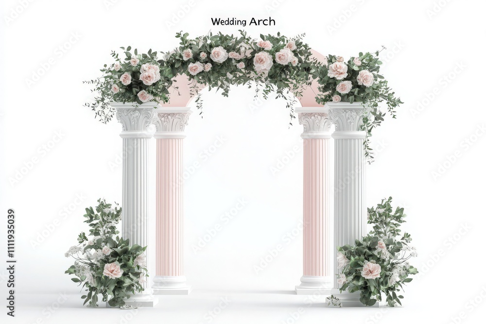 This stunning wedding arch features classical columns embellished with lush greenery and delicate roses, creating a perfect backdrop for exchanging vows during a romantic ceremony.