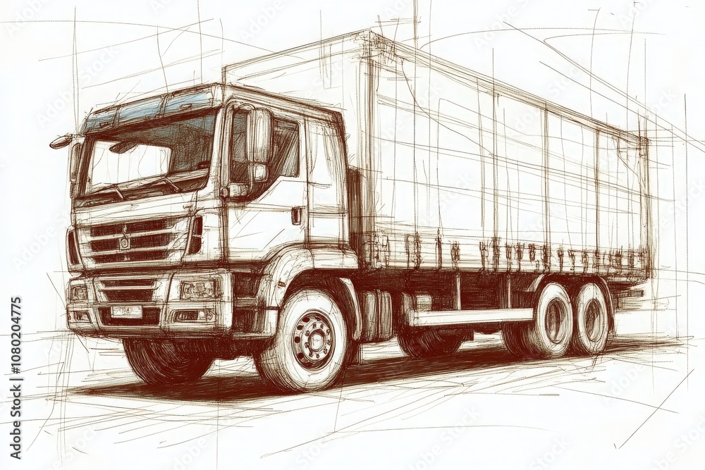 This technical drawing displays a delivery truck with detailed dimensions and design features. The sketch highlights the structure and components, making it ideal for engineering analysis.