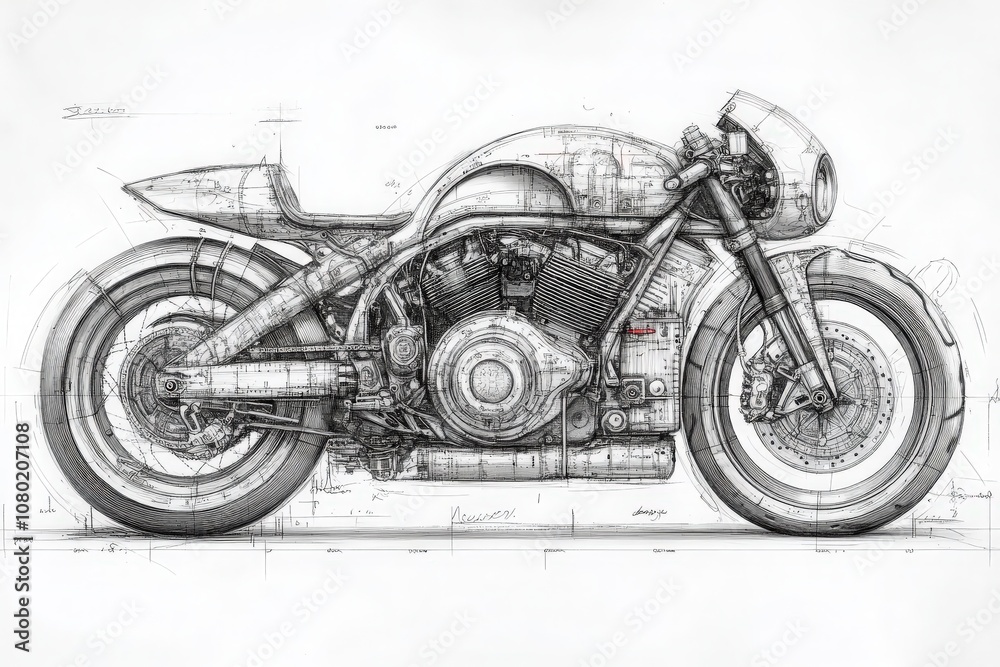This technical drawing illustrates a motorcycle design with precise details of its structure and mechanical parts, emphasizing engineering features and innovative elements.